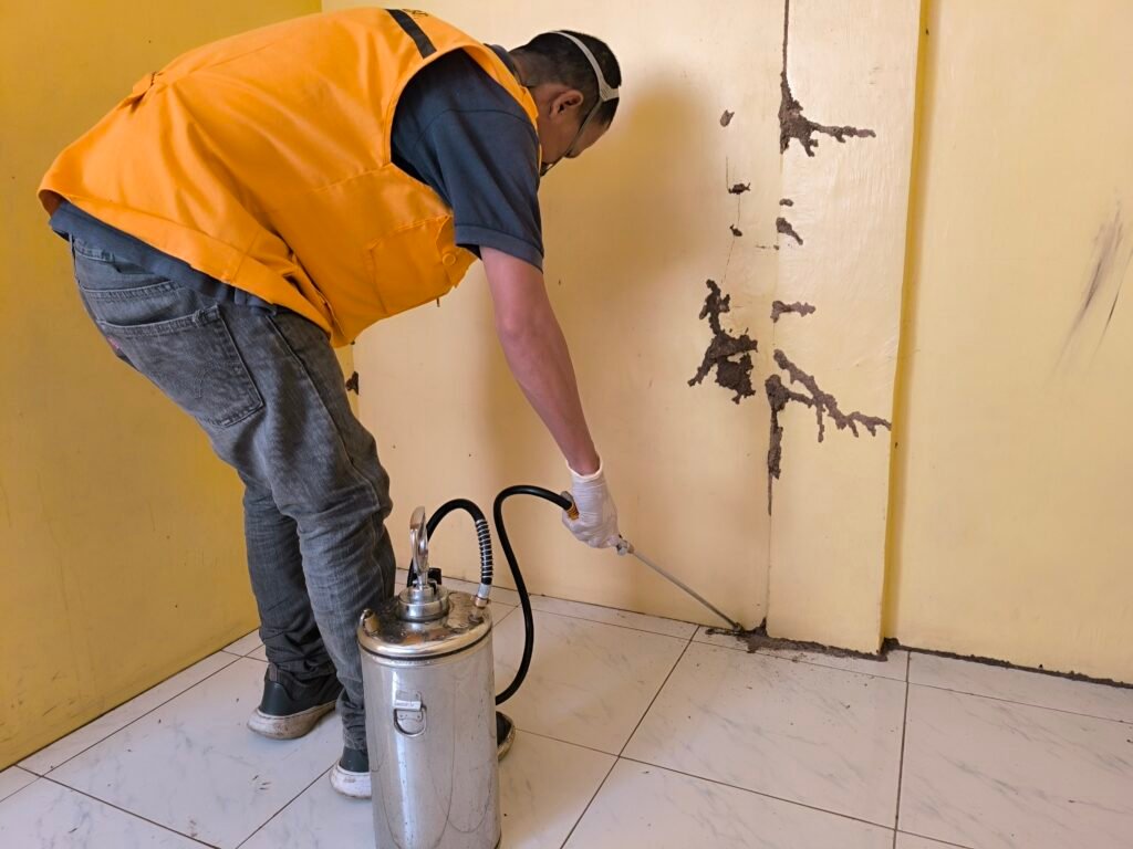 Technologist Pest Control technician applying chemical treatment along a damaged wall base using a metal sprayer, targeting visible termite infestation in a tiled indoor area.